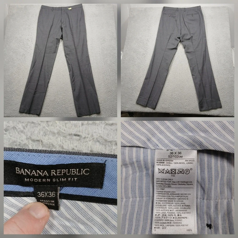 Banana Republic Men's Wool Dress Pants 36x36 Gray Modern Slim Fit